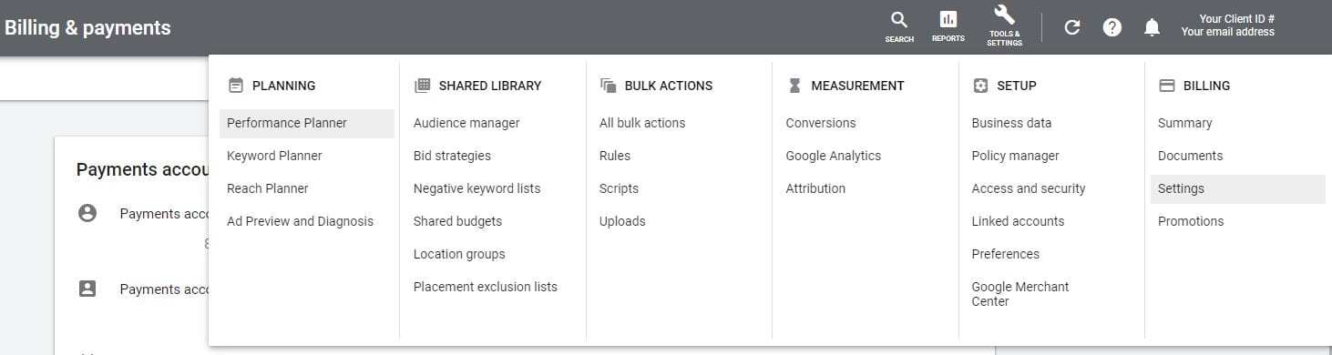 Google Ads Billing Settings Tab